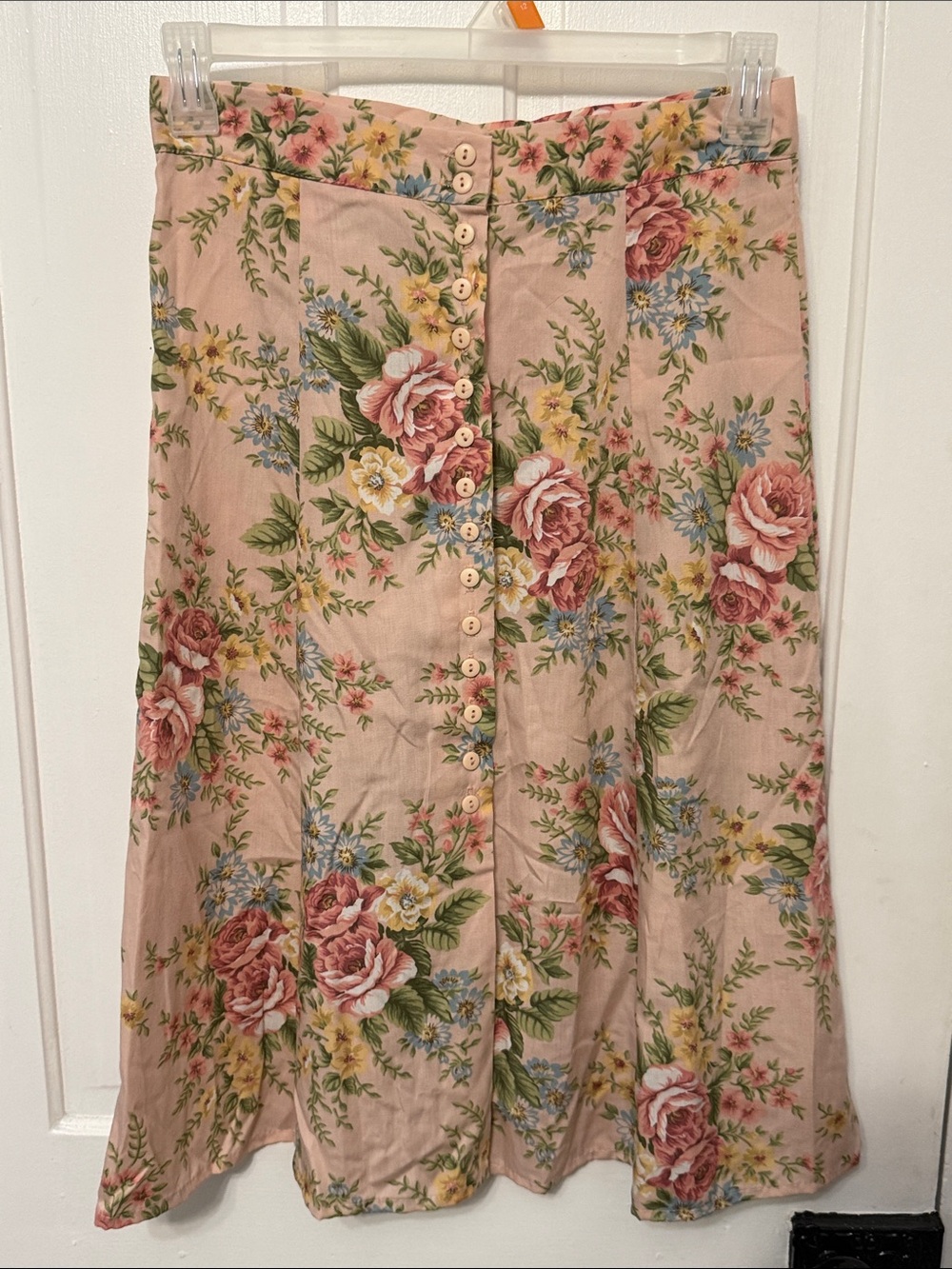 Vintage Floral Button-Front Pink A-Line Skirt